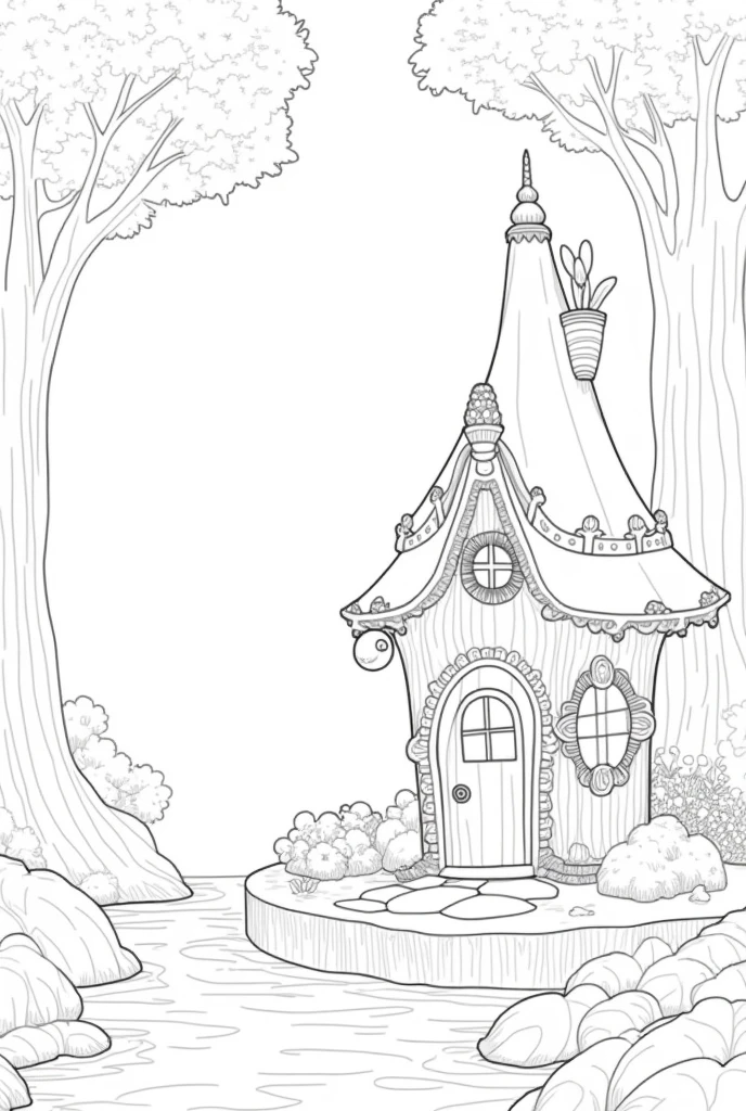 Fairy house land coloring book pages nature background no color black and white high details