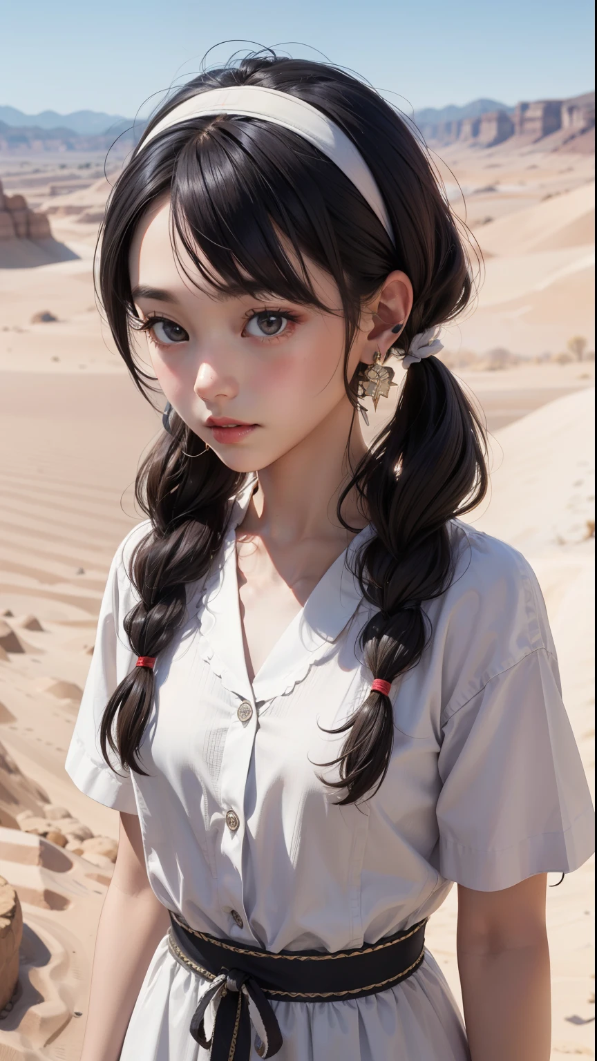 masterpiece、Highest quality、1 girl、Black Hair、Twin tails、Feather hair ornament、head band、Brown skin、dress、Native American、Upper Body、scenery、desert