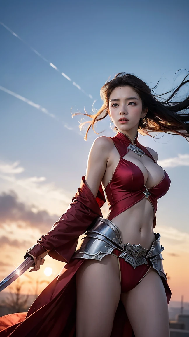 Võ Thị Sáu mid-leap with her sword slashing through the air, her armor glowing with silver and crimson, in the new Skyblade skin with a backdrop of clouds and a bright, clear sky (having beautiful breasts: 1.33), (having clothes: 1.77).

