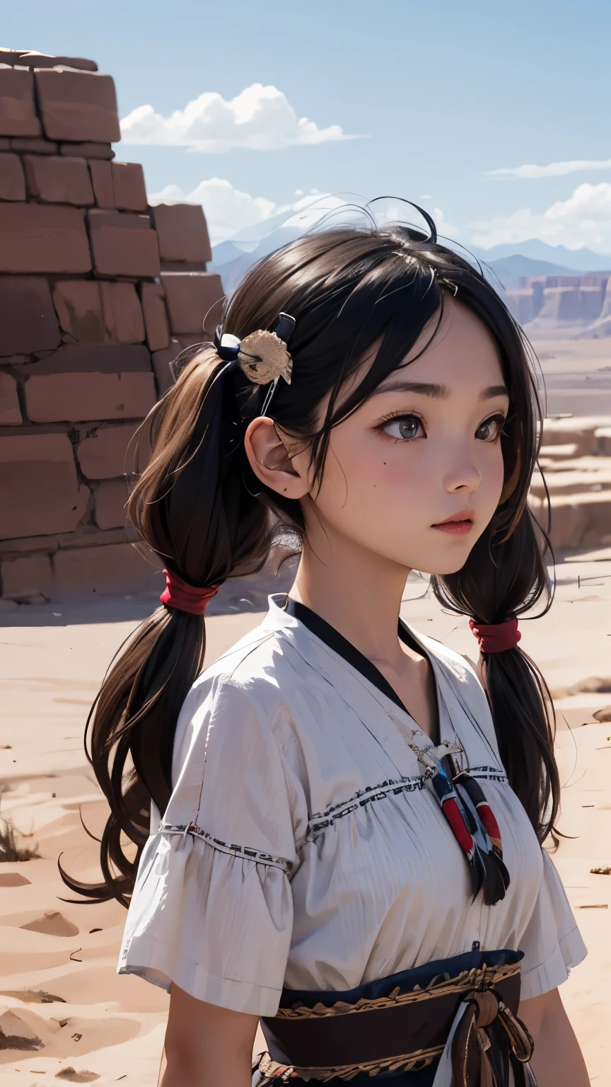 masterpiece、Highest quality、1 girl、Black Hair、Twin tails、Feather hair ornament、head band、Brown skin、dress、Native American、Upper Body、scenery、desert