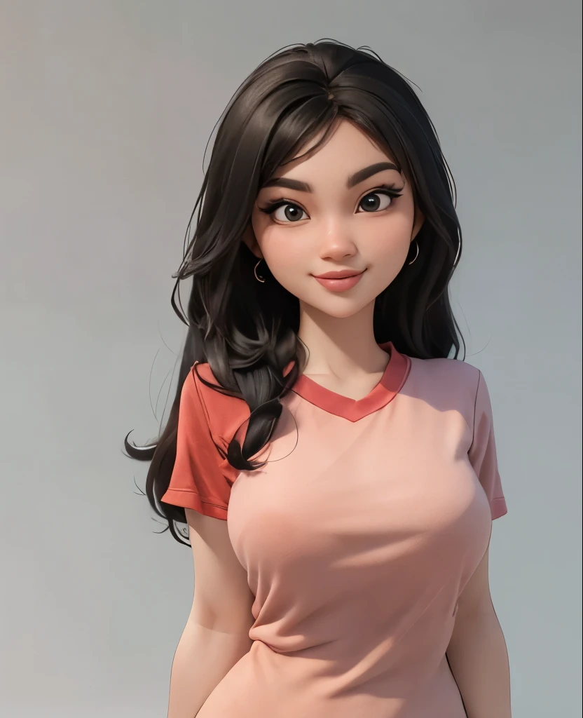 Create a full 3D cartoon style body with a big head. A 25 year old Indonesian woman. Height, ideal body, oval face shape. beautiful, slightly round eyes, clean white skin, thin sweet smile. Long black hair with shagy layers. Wearing a red shirt. Body position is clearly visible. The background is solid white. Use soft photography lighting, hair lighting, top lighting, side lighting. Highest quality photos, Uhd,16k