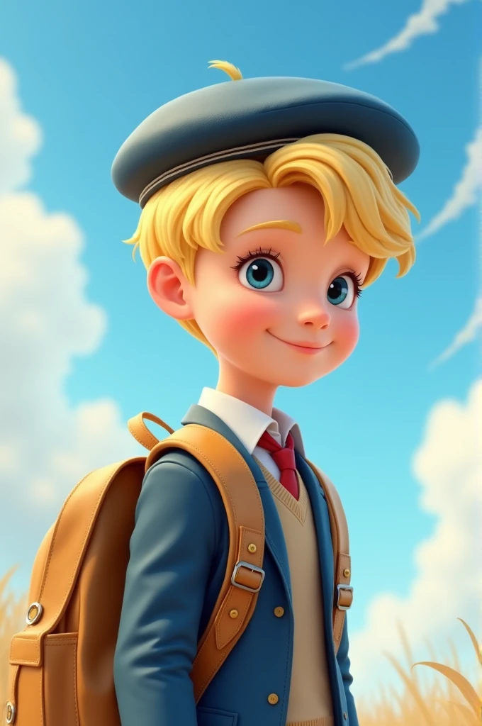 Blonde with a brown beret under a blue sky、Cute boy wearing a uniform and carrying a backpack