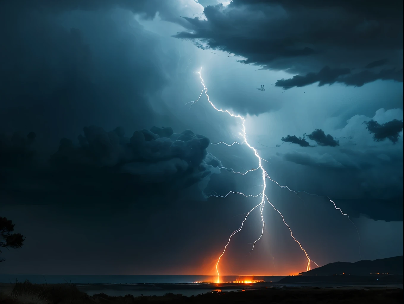a dramatic lightning storm, dark cloudy sky, powerful lightning bolts striking the ground, detailed realistic lighting effects, cinematic HDR, moody atmosphere, epic fantasy landscape, dramatic high contrast lighting, gritty and intense, heavy rain, dramatic mood, high detailed textures, photorealistic, masterpiece