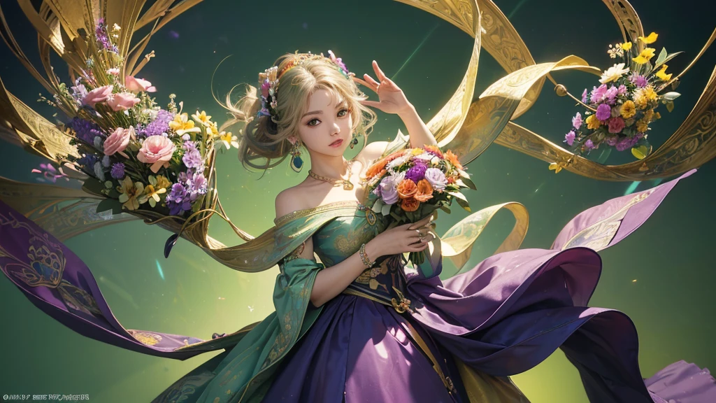 32K, 最高quality, 最高masterpiece, (ultra-Detailed Background, Detailed Background), High resolution, Super detailed, Very detailedな, One girl, (bouquet:1.3), (Tangled:1.2), (Geometric:1.2),(colorful),(masterpiece, quality, best quality, Official Art, Beautiful and beautiful:1.2), (1 girl:1.3), Very detailed,(colorful:1.1)(Flowers:1.3),Most detailed,(Tangled:1.2), whole body, (Abstract background:1.3), (Skin glows), (Many colors:1.4), ,(Earrings Jewelry:1.5), Light green background,