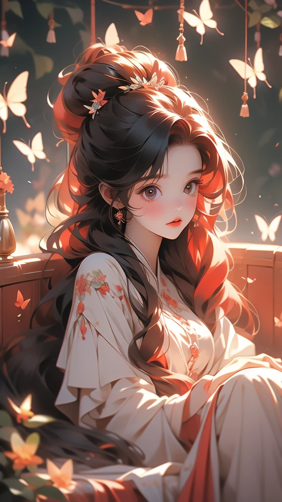 the dolls that have red hair are in a doll bed with a butterfly, 1girl, solo, long hair, black hair, bug, blurry background, blurry, butterfly