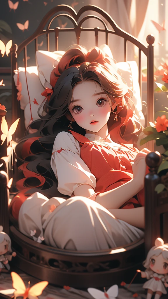 the dolls that have red hair are in a doll bed with a butterfly, 1girl, solo, long hair, black hair, bug, blurry background, blurry, butterfly