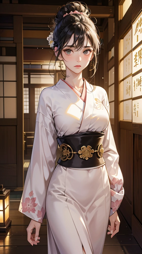(perfect anatomy:1.2)(absurdres, highres, ultra detailed),masterpiece,best quality,high resolution,8k,Realistic face,Realistic skin texture,magnified textures, stunning clarity,(ultra detailed eyes and face),(1 girl:1.5),15 years old,black hair,messy bun,kanzashi,pale skin, mysterious eyes,White flower-patterned yukata,light pink obi,thin body type,big breasts,(expressionless:1.2)(bashful:1.1),Steampunk in the meiji Period、Japanese style luxury、night、Lobby of Japanese Ryokan、hieroglyph,Ancient Egyptian statues,look at viewer,(from front:1.3),Delicate atmosphere、,cowboy shot,walking,