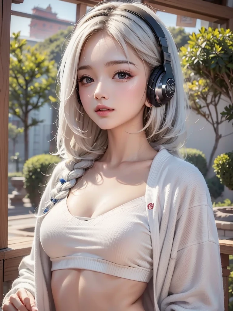 ((face, style)).(Upper body portrait:1.5)((masterpiece:1.5))((alone、Huge headphones:1.5、Woman in sportswear、Jacket、Sports Bra、Shorts、Detailed face、Big Eyes、Bright expression、small breasts, cleavage、Best Looks、Ultimate beauty、Shiny silver hair with highlights、明るい and shiny hair,、Modern Hairstyles、Hair dancing in the wind))(morning、indoors)Please look away from here、Beautiful profile