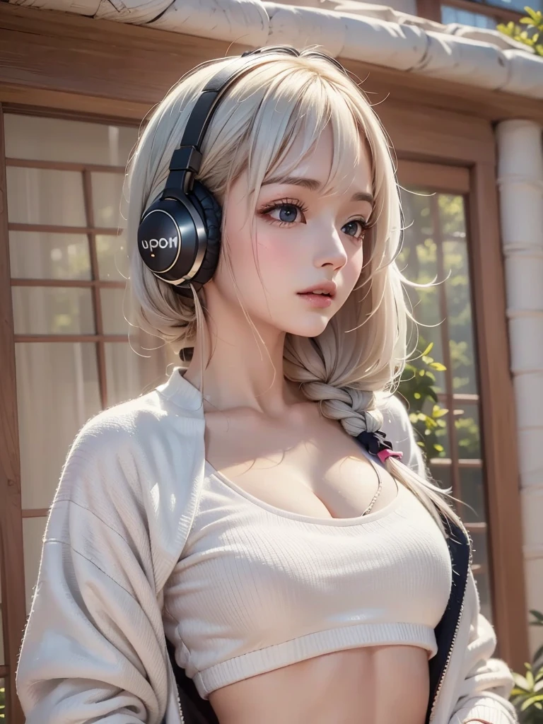 ((face, style)).(Upper body portrait:1.5)((masterpiece:1.5))((alone、Huge headphones:1.5、Woman in sportswear、Jacket、Sports Bra、Shorts、Detailed face、Big Eyes、Bright expression、small breasts, cleavage、Best Looks、Ultimate beauty、Shiny silver hair with highlights、明るい and shiny hair,、Modern Hairstyles、Hair dancing in the wind))(morning、indoors)Please look away from here、Beautiful profile
