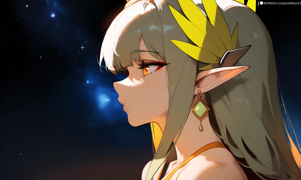 1girl, muelsyse \(arknights\), arknights \\\\\ masterpiece, best quality, very aesthetic, absurdres, newest ///// nyantcha, cutesexyrobutts, khyle ////// orange eyes, elf ears ///// simple background, space background, lime bikini, greenery, 18 years old girl, thin waist,solo, stars, ^_^, portrait, detailed face, bare neck. profile, night sky, star sky