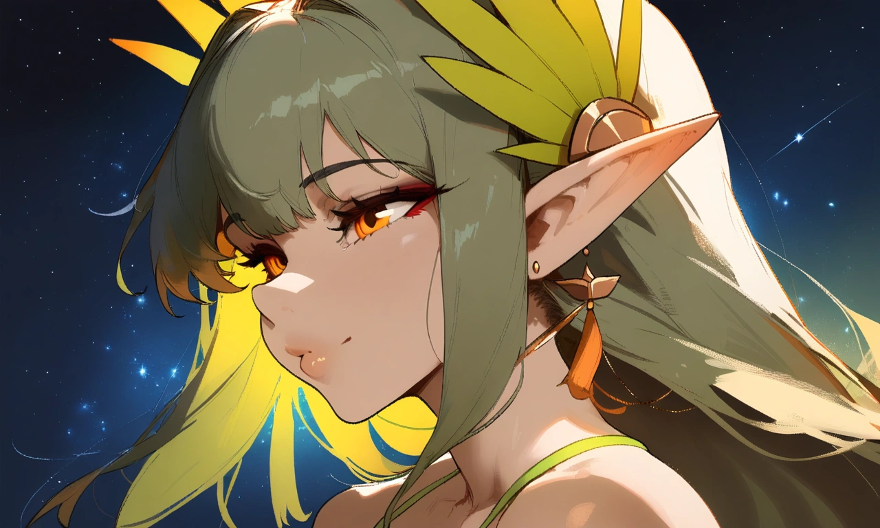 1girl, muelsyse \(arknights\), arknights \\\\\ masterpiece, best quality, very aesthetic, absurdres, newest ///// nyantcha, cutesexyrobutts, khyle ////// orange eyes, elf ears ///// simple background, space background, lime bikini, greenery, 18 years old girl, thin waist,solo, stars, ^_^, portrait, detailed face, bare neck. profile, night sky, star sky