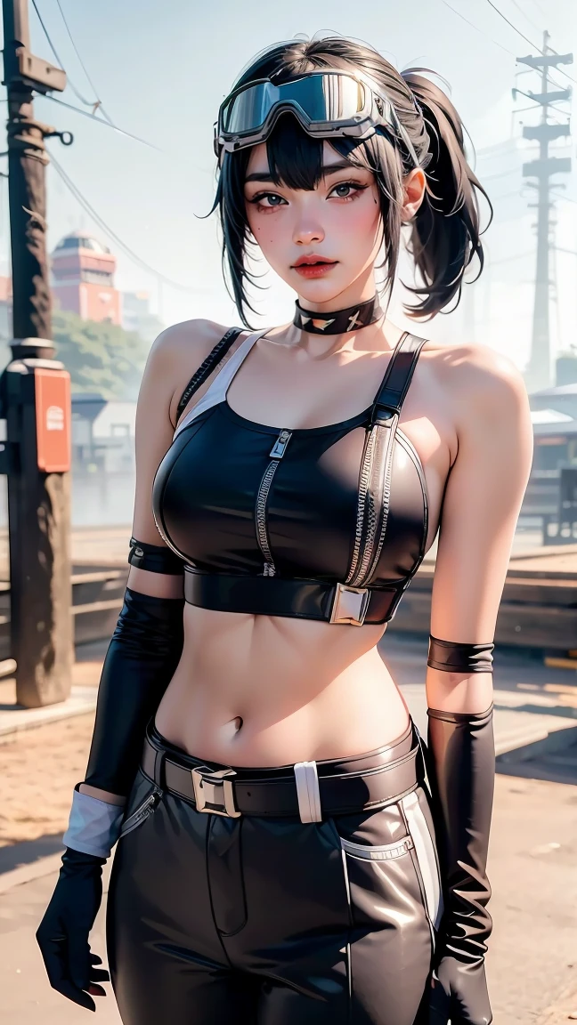 (masterpiece, best quality:1.2), 1girl, solo, Grace Howard, Grace Howard from Zenless Zone Zero, bare shoulders, black choker, black gloves, white gloves, black pants, ((black sports bra)), elbow gloves, ((goggles on head)), looking at viewer, low ponytail, medium breasts, midriff, navel, parted lips, white gloves, zipper, belt
\