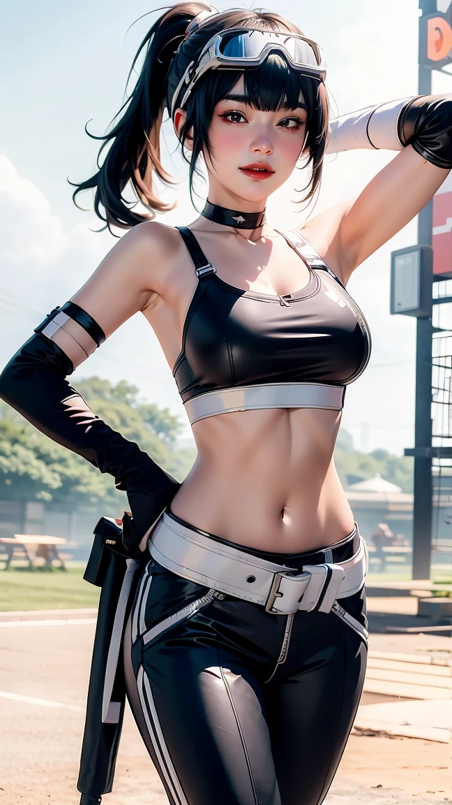 (masterpiece, best quality:1.2), 1girl, solo, Grace Howard, Grace Howard from Zenless Zone Zero, bare shoulders, black choker, black gloves, white gloves, black pants, ((black sports bra)), elbow gloves, ((goggles on head)), looking at viewer, low ponytail, medium breasts, midriff, navel, parted lips, white gloves, zipper, belt
\