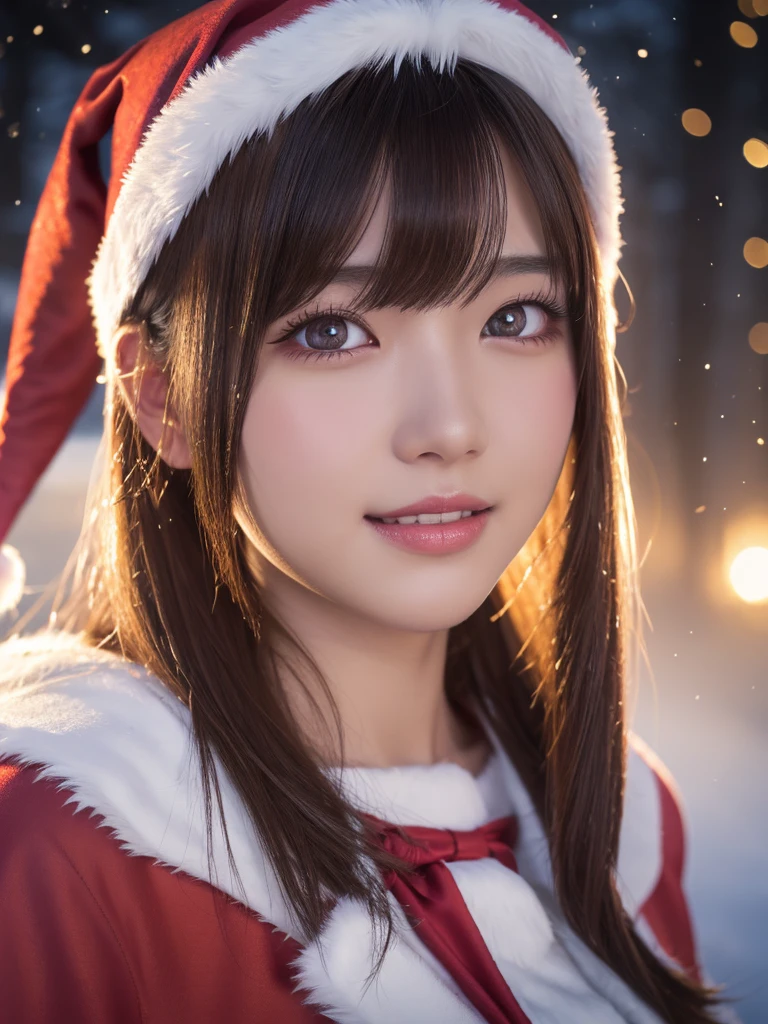 head shot,beautiful detailed eyes,droppy eyes,beautiful detailed lips, extremely detailed eyes and face, long eyelashes, 1japanese girl, fantasy character, (Santa Claus costume:1.25),smile,short hair,highly detailed, dramatic lighting, glowing effects, mist, intricate details, volumetric lighting, cinematic composition, hyper realistic, 8k, best quality, masterpiece, photorealistic,Highres fix,snowy night