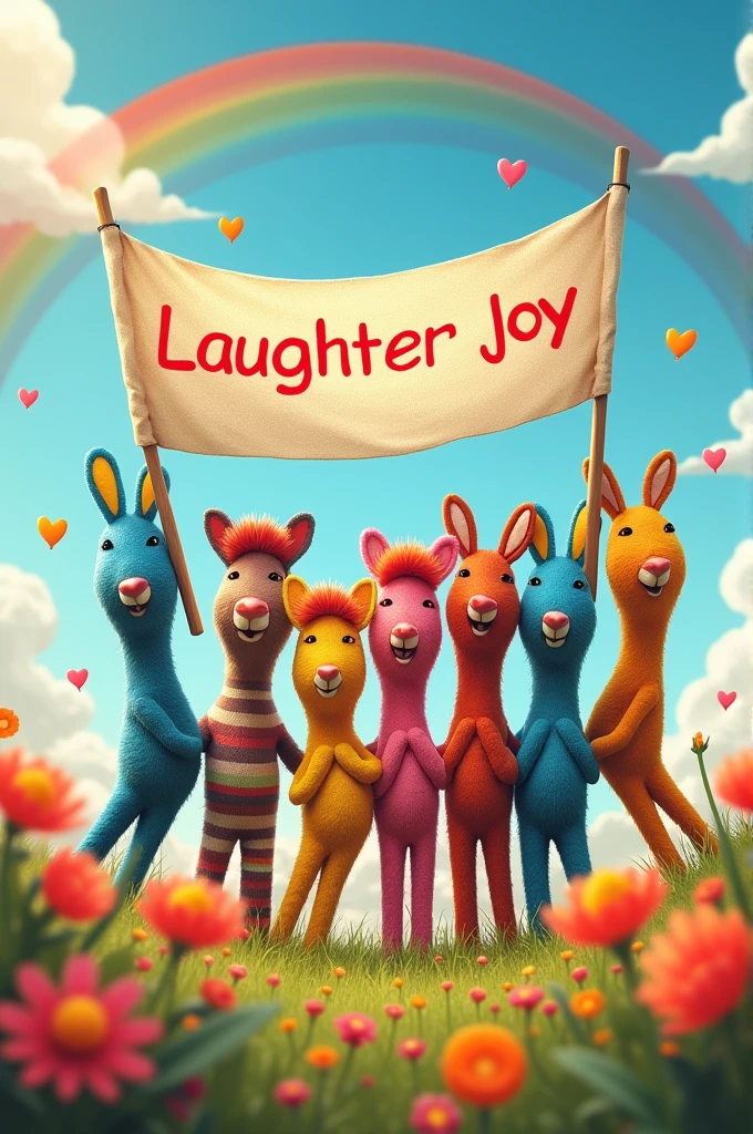 An image showing the socks holding a banner that says, 'Let’s laugh together!' The socks are all different but united, with a background of a sunny, open field with flowers and a rainbow in the sky."