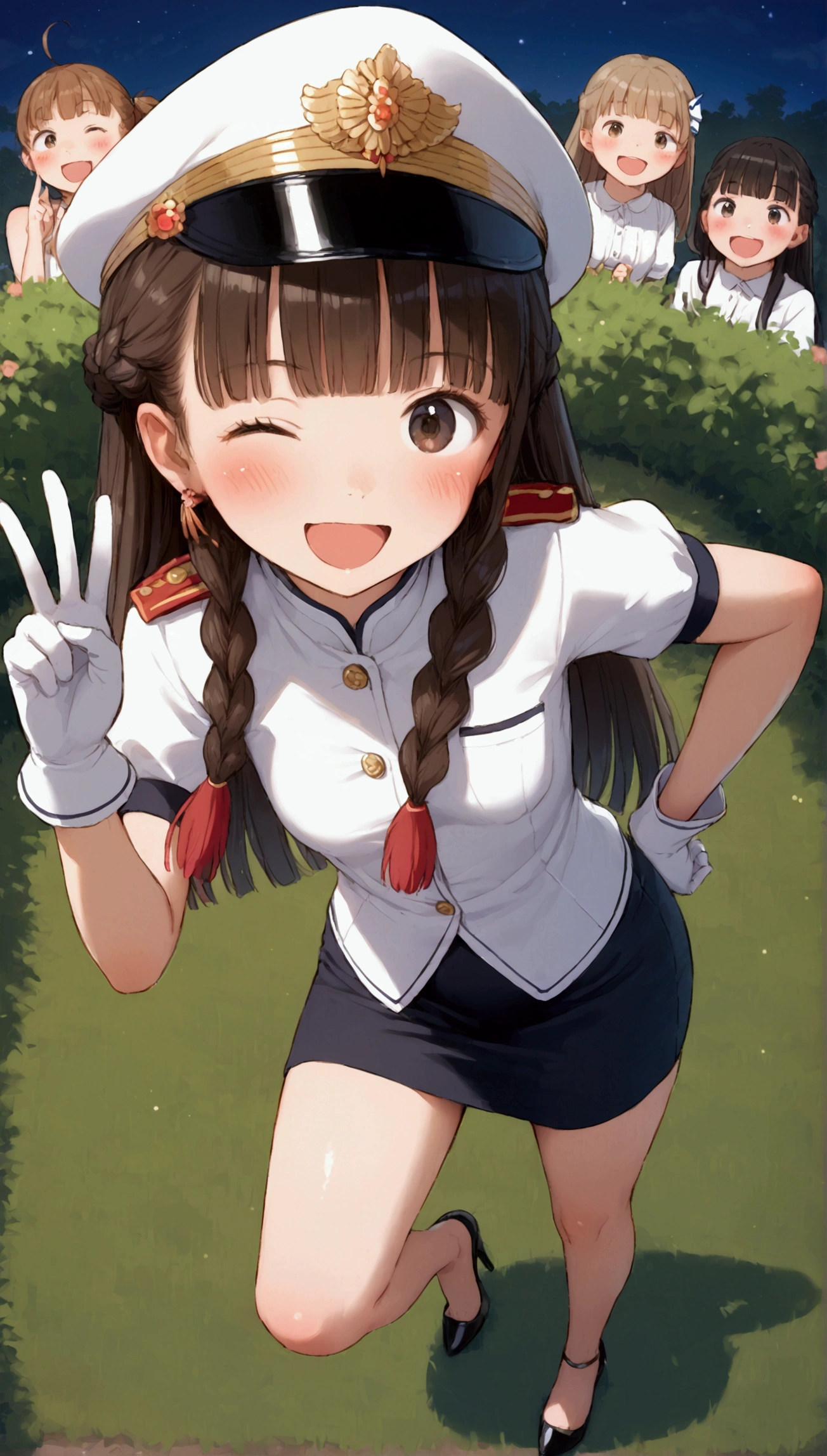 {Highest quality}, {Super beautiful},{Ultra fine},{Best illustration},Brown Hair,Hime cut,long hair,Braid,One woman,Standing Woman,Strike a pose,Adult women,smile,Excited face,Wink,Uniform cap,White Shirt,Short sleeve,long black skirt,White gloves,Night Festival,Blushing,Slender,Black stiletto heels,barefoot,From an angle,From above,Put one hand on your hip,Spread your legs,Lift one leg up