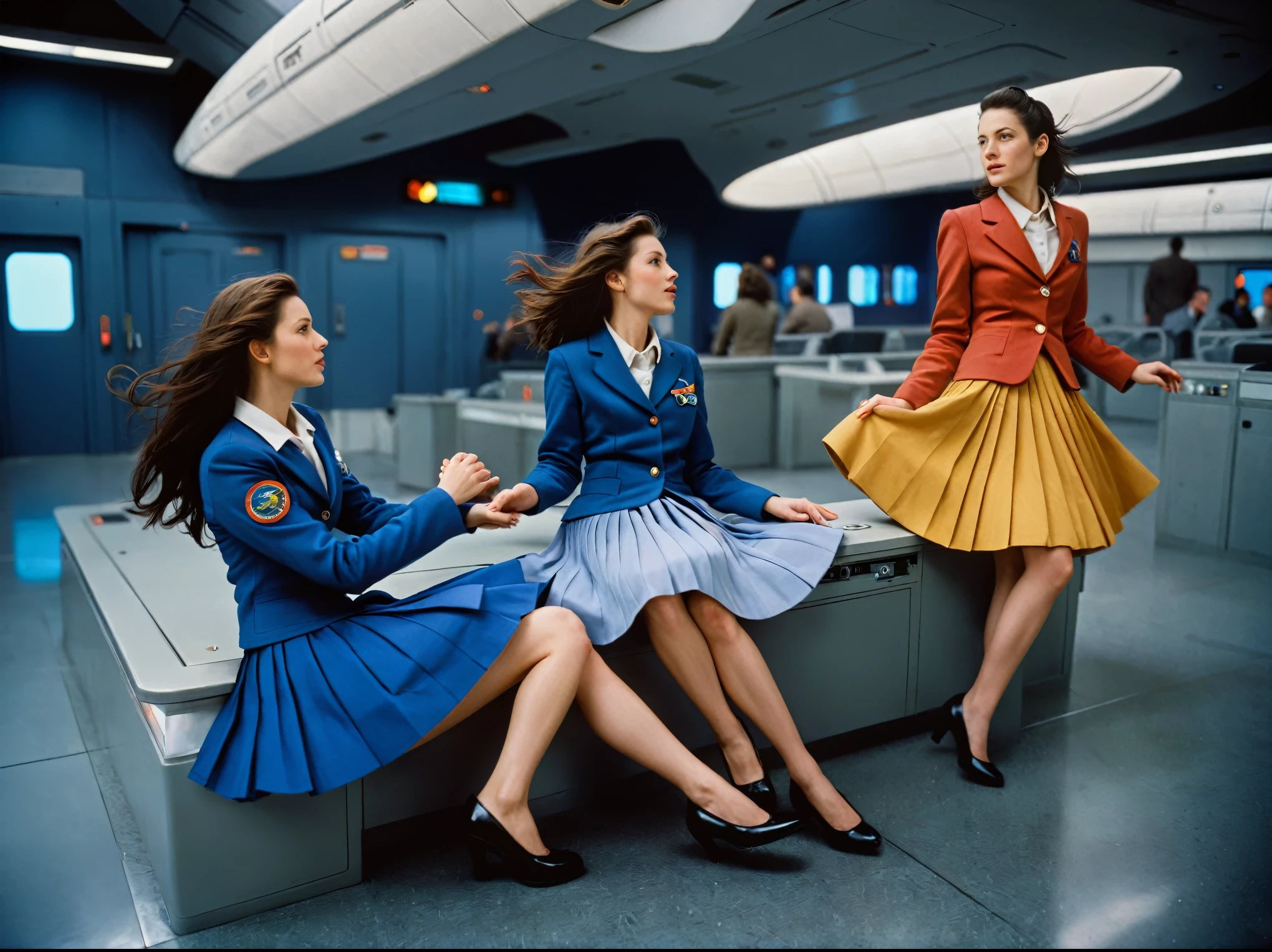 85mm photograph of Sapphic Space Lesbians, commanding spaceships, exploring space, investigating anomalies, sitting in on council meetings, wearing (long pleated full circle skirts), uniform jackets and (girly low heel office shoes), (pronounced (girly) features), (very windy), skirts are flowing wildly in the wind, lesbian space stations, sci-fi, skirts in space, women wearing skirts, love skirts, empathy ,compassion, romance and love, (pronounced (feminine) features), (highly detailed ultra accurate realistic) hands and fingers, (windy), epic composition, highly detailed attributes, (35mm f1.4 Kodak portra 400 photograph), extremely high quality RAW photograph, highly detailed atmosphere, sci-fi, cinematic shot, dynamic lighting, 75mm, Technicolor, Panavision, cinemascope, sharp focus, fine details, 8k, HDR, realism, realistic, key visual, film still, superb cinematic color grading, depth of field