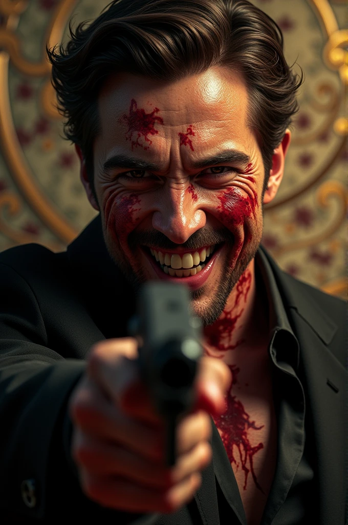 ultra realista 8k CG, work of art, ((ultra detailed background, delicate pattern, intricate-detail)), (highy detailed, fine detailsbest quality, handsome gangster, evil smile, blood cover face, holding gun in hand, photorrealistic:1.4),beautiful lighting
