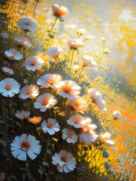 Masterpiece, high quality, best composition, illustration, many red flowers blooming in the field on a sunny day, beautiful poppies, looking up. red poppies.