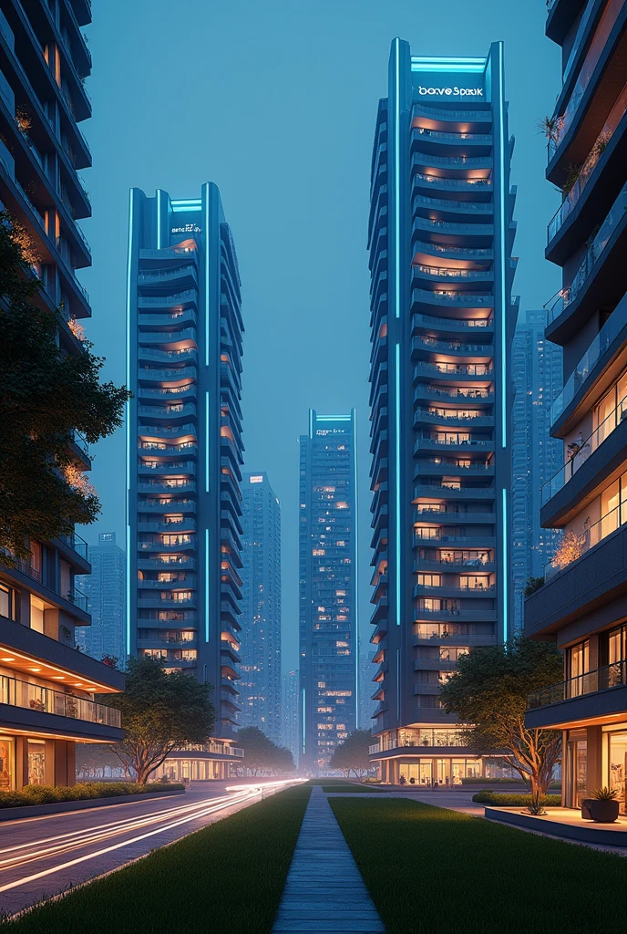 art deco design,urban buildings,streamline moderne,futuristic architecture, Abstraction,modern style,Luxury and Luxury,Future night view,Futuristic decorative elements,Metallic,number line,sci-fi lamp,Virtual Engine,Unreal rendering,blue lights, neon lights, apartments, restaurants, mid rise, mixed use, multiple buildings, trees, parks, greenery, grass, green field