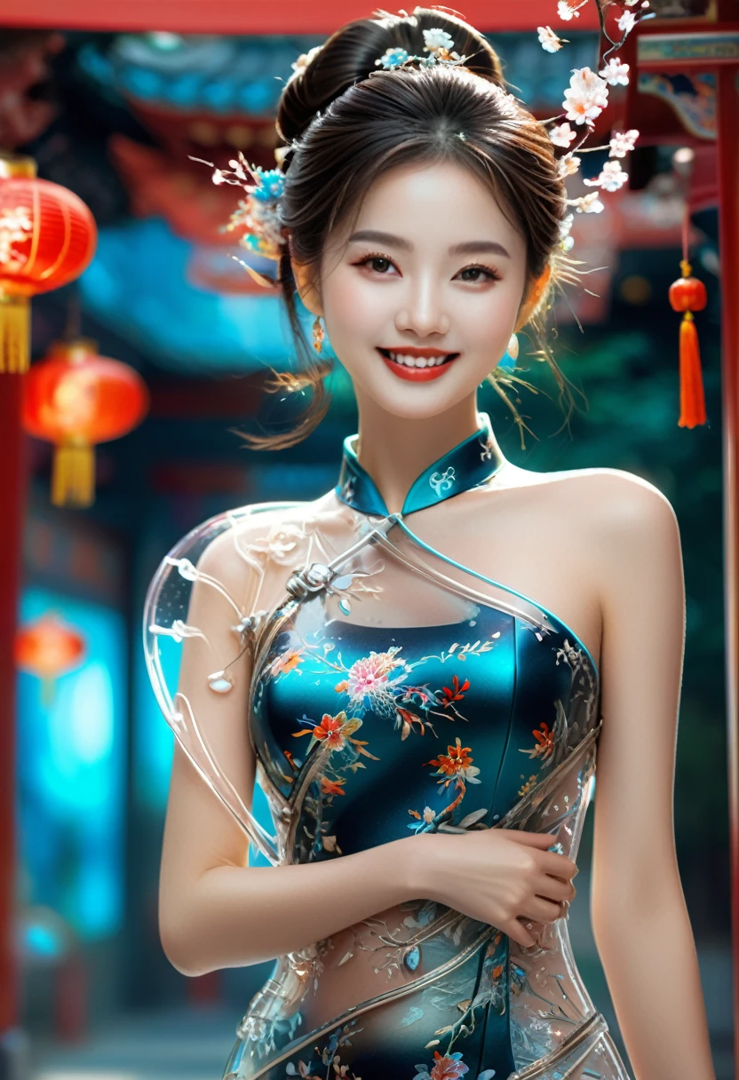 high quality, 8K Ultra HD, Surreal portrait of a stunning woman.
1xknh1, (whole body照:1.4), Space art, 1 Cheongsam woman，whole body，permanent，Transparent robotic arm，slim，Perfect proportion，Exquisite hair accessories，Smile，Transparent mechanical shoes，Oriental elements，(Bokeh)，high quality，4K，3d