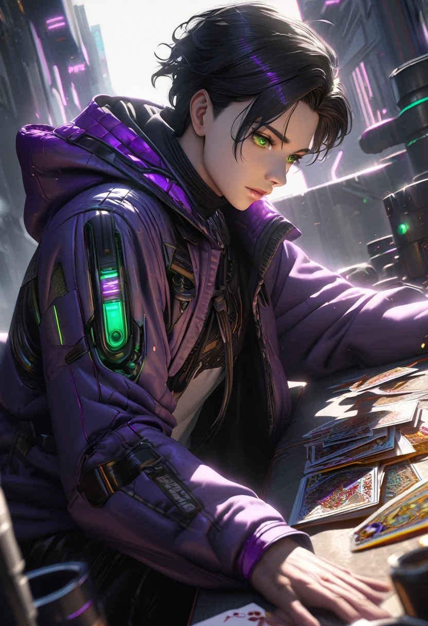 1 man with short black hair and green eyes, wearing a black and purple hooded futuristic cyberpunk outfit, playing cards, intricate details, hyper realistic, octane render, 8k, HDR, cinematic lighting, chiaroscuro, dramatic colors