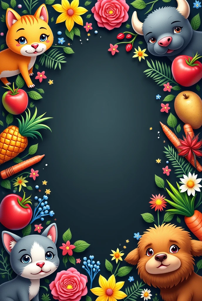 Imagine a notebook cover that is a vibrant collage of whimsical elements. The background features a playful mix of illustrations: a blooming rose, a serene lotus, and bright daffodils add a floral touch. Interspersed among these flowers are charming depictions of a cat, a dog, and a buffalo, each with expressive, cartoonish faces that convey a sense of friendly mischief. 

In the lower corners, there are playful images of an apple and a pineapple, adding a fruity zest to the design, while a carrot and a potato sit nearby, contributing a touch of earthy whimsy. The center of the cover is dominated by a blackboard, its classic green-black surface bordered with a subtle wooden frame, inviting creativity and note-taking. 

Scattered around the blackboard are a few brightly colored crayons, their vibrant hues hinting at artistic possibilities. The overall effect is a lively and imaginative scene, perfect for sparking inspiration and making everyday note-taking a bit more fun.
