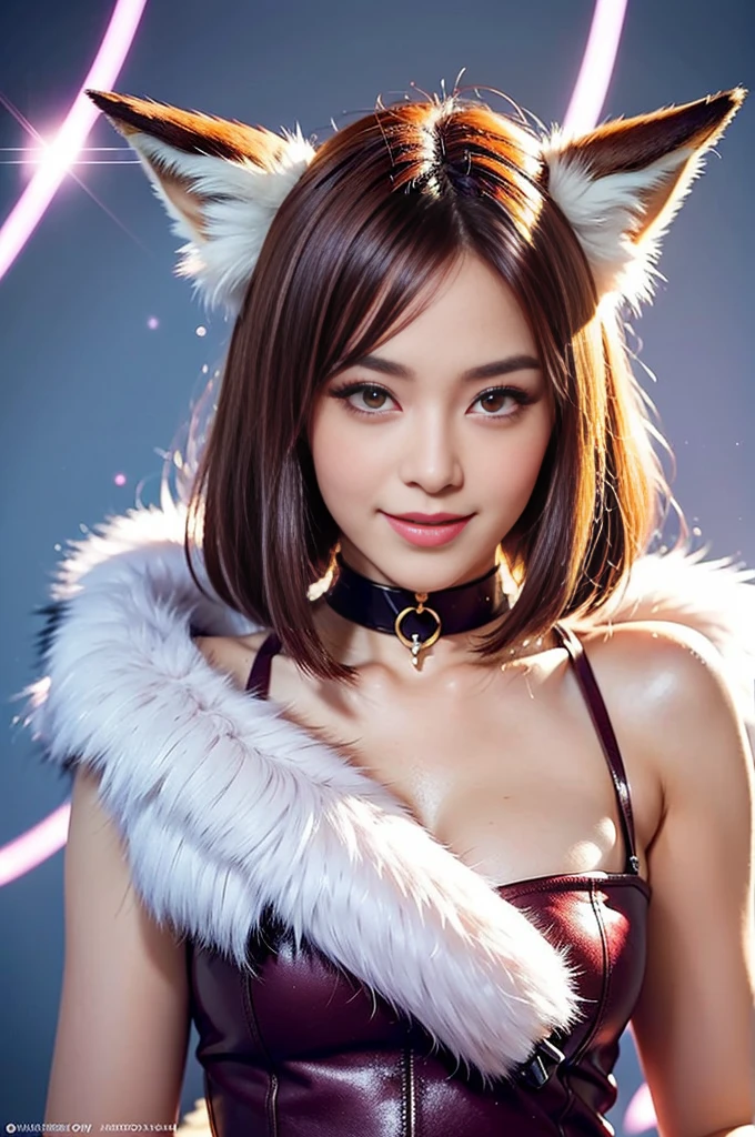 sexy swedish model, (-anime), only 1 model, very short hair, beautiful smile, lip-gloss, long lashes, defined eyebrows, long fur fox color scheme, ((long fur fox cosplay)), fox ears, fox tail, fox choker, look at the camera, cinematic light, (sparkling long fur background), sweet and sexy pose