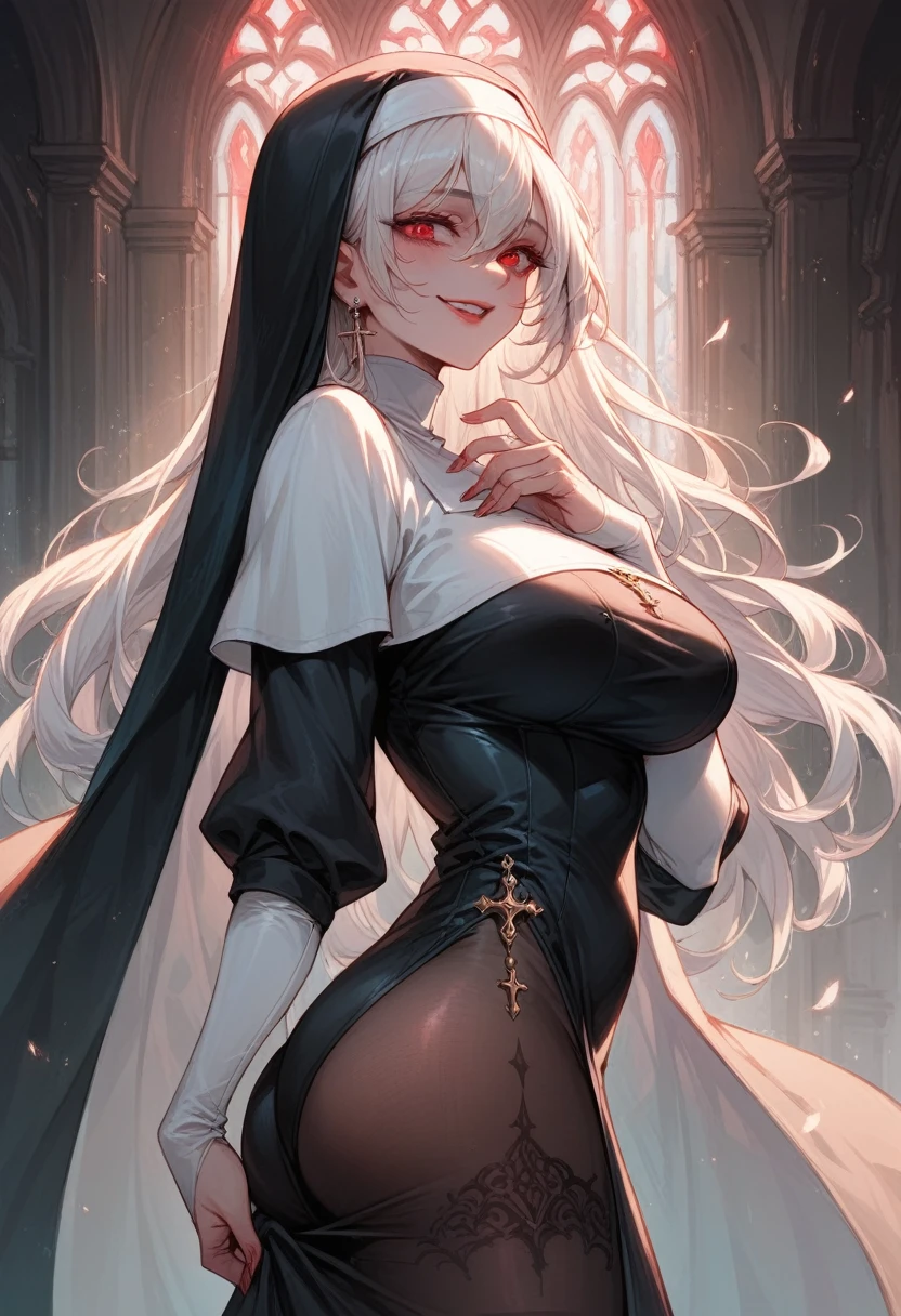 A girl dressed as a sexy nun with white hair, red eyes with big breasts and big ass, With a malicious smile