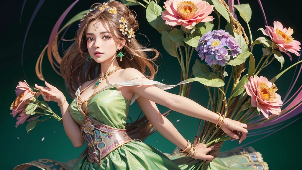 32K, 最高quality, 最高masterpiece, (ultra-Detailed Background, Detailed Background), High resolution, Super detailed, Very detailedな, One girl, (bouquet:1.3), (Tangled:1.2), (Geometric:1.2),(colorful),(masterpiece, quality, best quality, Official Art, Beautiful and beautiful:1.2), (1 girl:1.3), Very detailed,(colorful:1.1)(Flowers:1.3),Most detailed,(Tangled:1.2), whole body, (Abstract background:1.3), (Skin glows), (Many colors:1.4), ,(Earrings Jewelry:1.5), Light green background,
