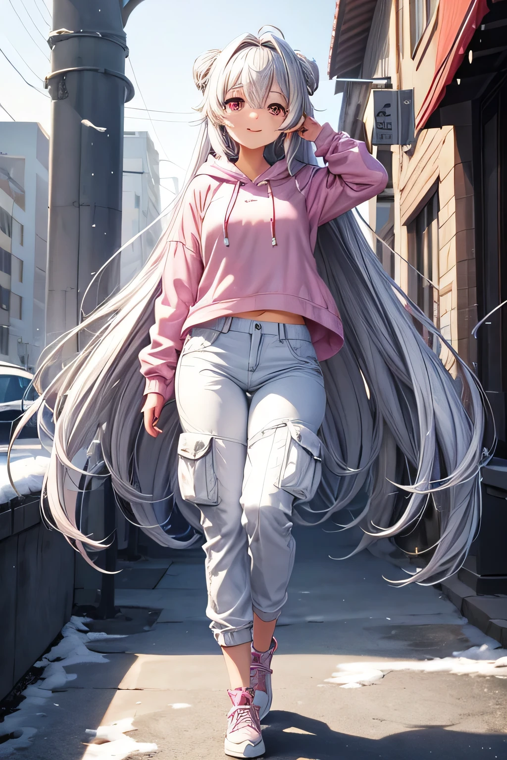 Silver hair down to her back、Smooth straight hair、Garnet Eye、A pink frilly lace hoodie、White Cargo Pants、Cute girl、A strong smile、From head to thighs、snow、Town、Digital anime style illustration、high resolution