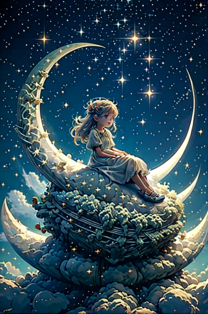 (a ***********), charming, short white dress, dragon, cute, (sitting moon), moon, stars, clouds, masterpiece, best quality,  (masterpiece,best quality:1.5)