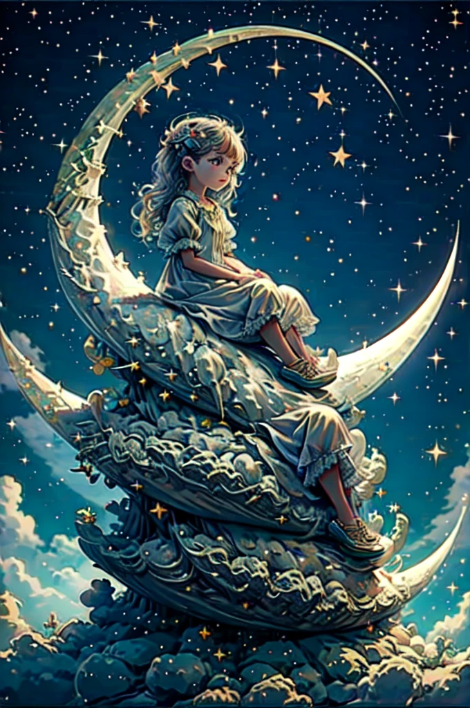 (a ***********), charming, short white dress, dragon, cute, (sitting moon), moon, stars, clouds, masterpiece, best quality,  (masterpiece,best quality:1.5)