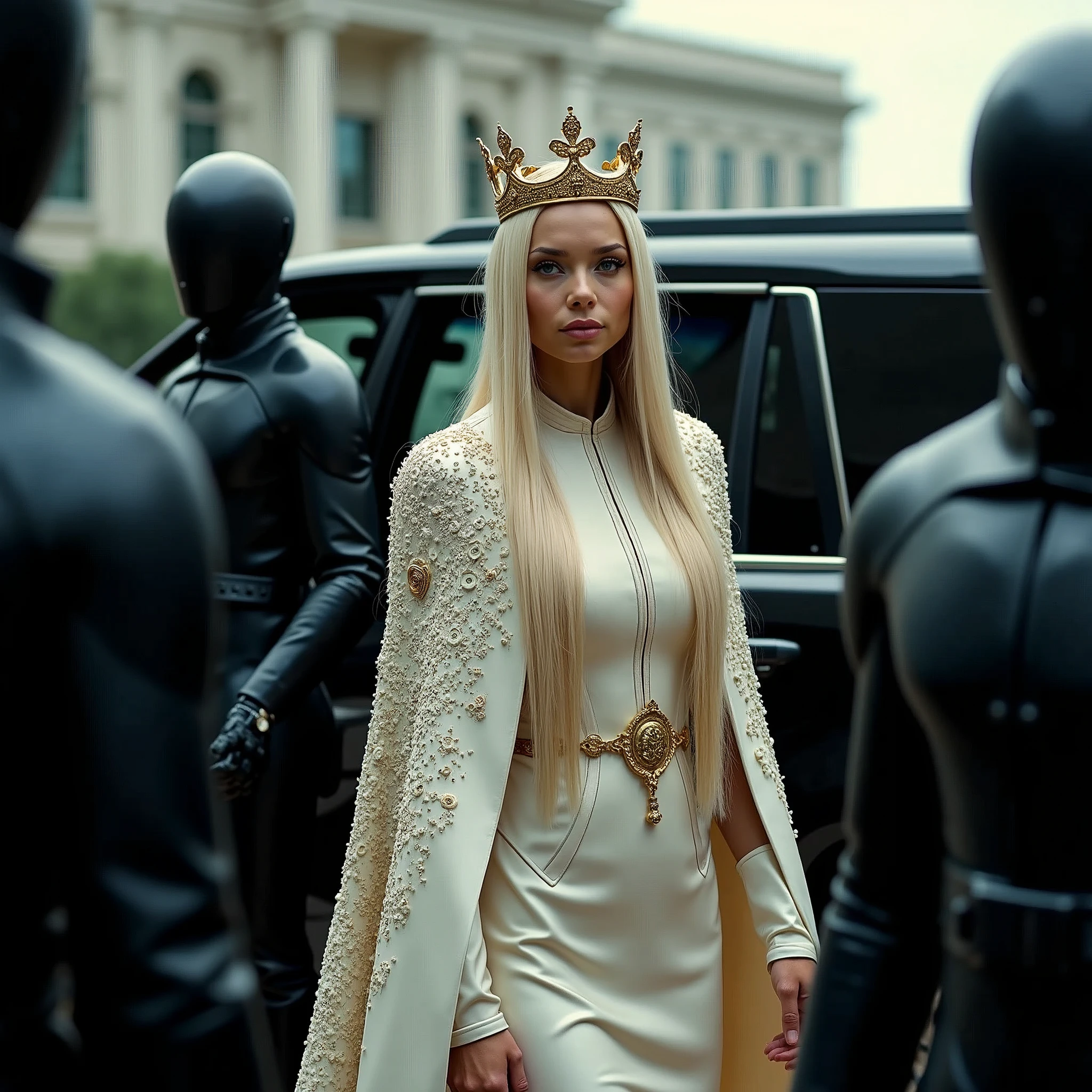 Stepping out of her armored car, the President of the United States is surrounded by her bodyguards. The tension is intense, President of the United States is a woman 30 years old, very long straight hair, very blond hair, slim, blue eyes, wearing a cream color futurist long royal dress with a printed circuit board cape, mix of armor and dress and a royal crown, intense gazing eyes, as a conceptual AI, ultra-resolution, intricately detailed, medium shot, low angle, 8k by Helmut Newton