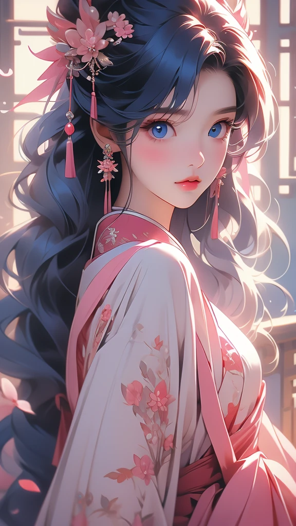 a beautiful beautiful asian woman with blue eyes and long hair in a pink bow, blue eyes, 1girl, red hair, hair ornament, looking at viewer, hanbok