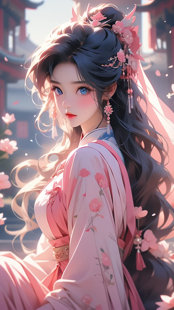 a beautiful beautiful asian woman with blue eyes and long hair in a pink bow, blue eyes, 1girl, red hair, hair ornament, looking at viewer, hanbok