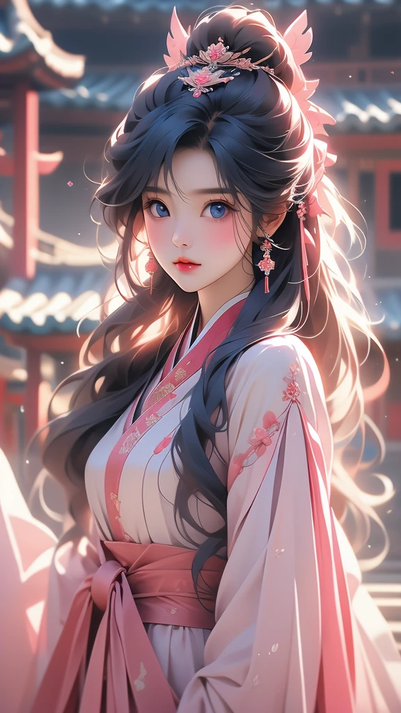 a beautiful beautiful asian woman with blue eyes and long hair in a pink bow, blue eyes, 1girl, red hair, hair ornament, looking at viewer, hanbok