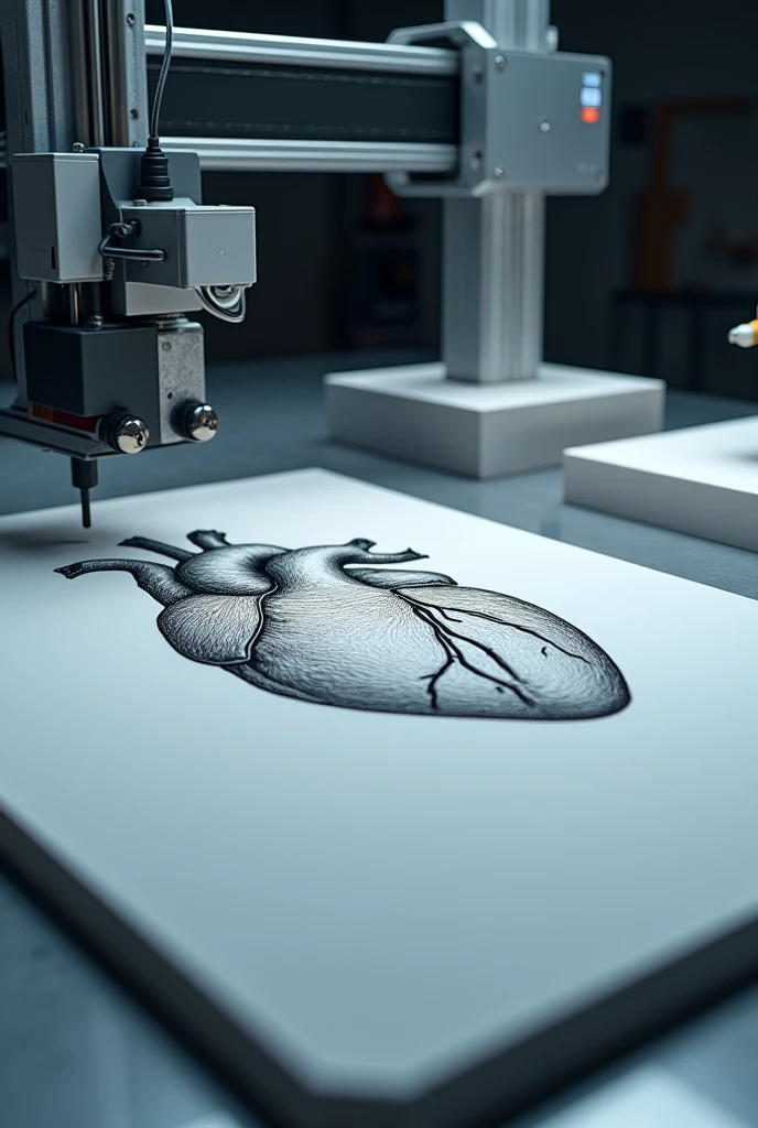 2d Drowing cnc machine drowing a human hart image and a 3d printer printing a enclosure box
