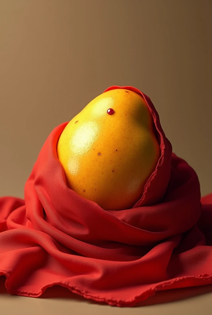 a mango wrapped with a red shawl and a red teeka