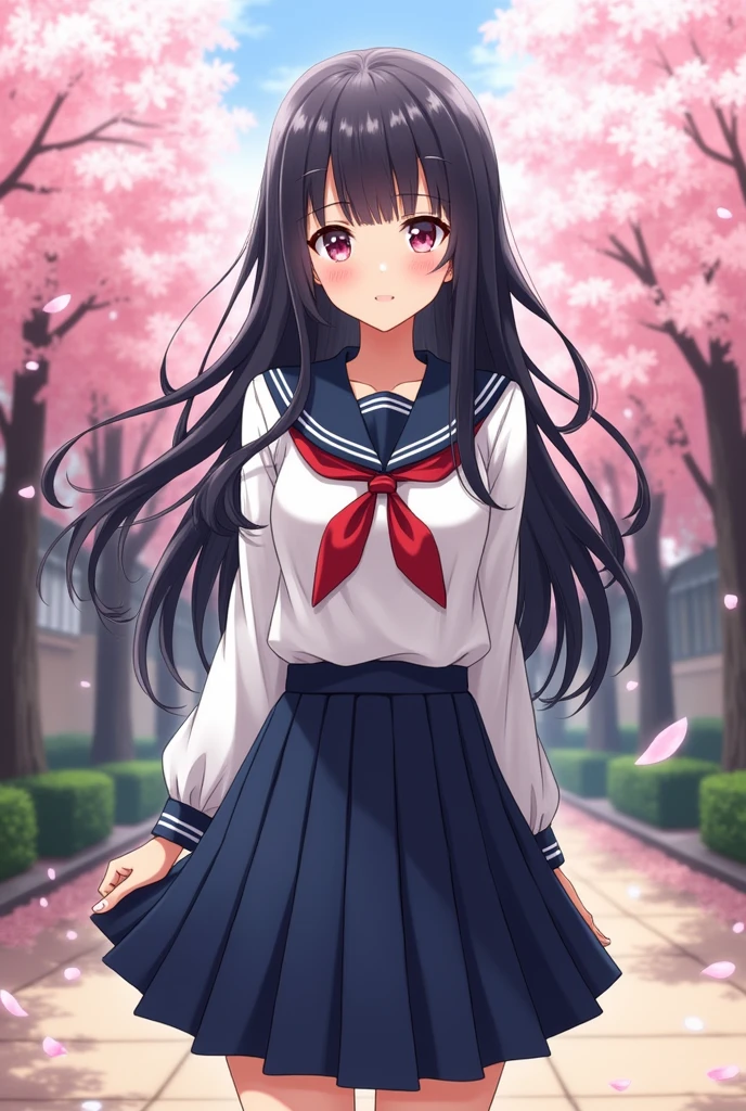 A stunning high school girl in a traditional Japanese school uniform, featuring a navy blue pleated skirt and a crisp white blouse with a red ribbon tie. She has long, flowing black hair, and her eyes are bright and expressive. She stands in a picturesque school courtyard surrounded by cherry blossom trees in full bloom, their petals gently falling around her. The scene captures a serene and peaceful moment, with soft, natural lighting enhancing her beauty and the tranquil atmosphere.