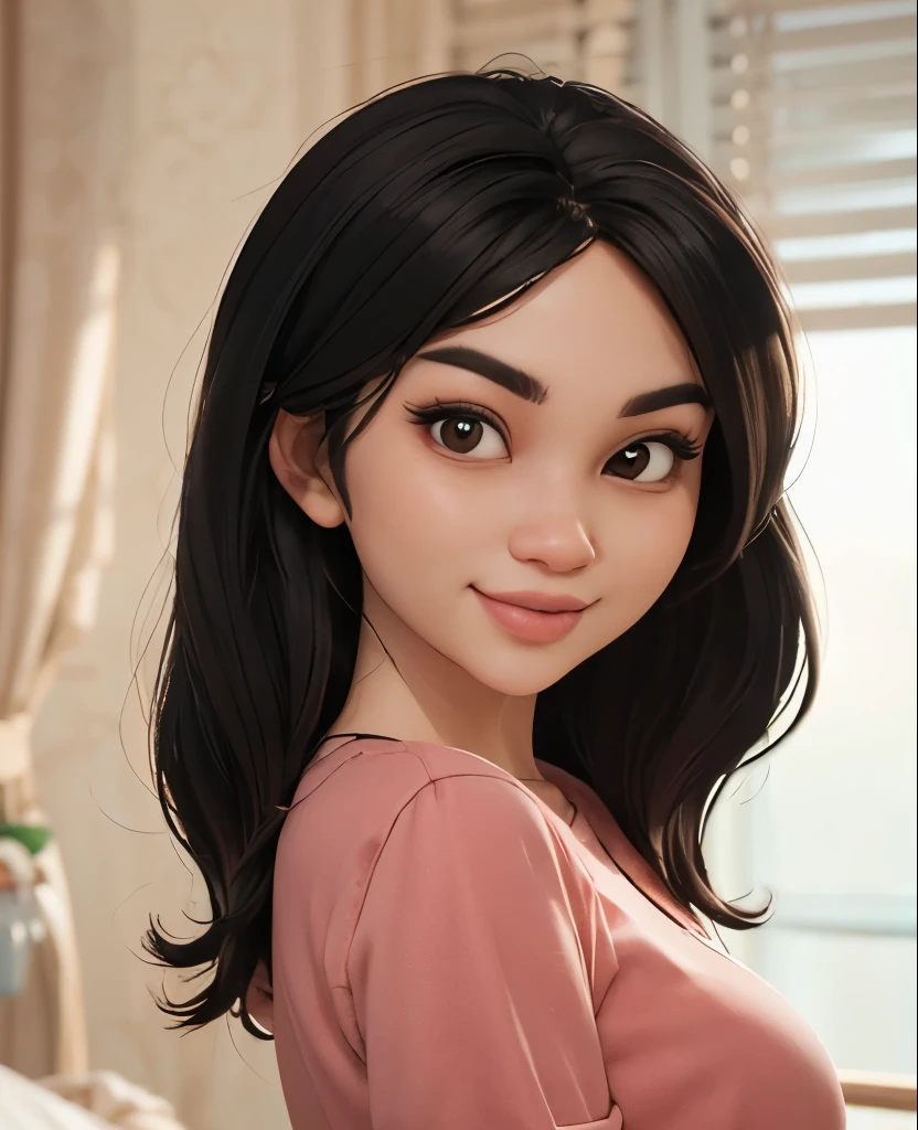 Create a full 3D cartoon style body with a big head. A 25 year old Indonesian woman. Height, ideal body, oval face shape. beautiful, slightly round eyes, clean white skin, thin sweet smile. Long black hair with shagy layers. Wearing a red shirt. Body position is clearly visible. The background is solid white. Use soft photography lighting, hair lighting, top lighting, side lighting. Highest quality photos, Uhd,16k