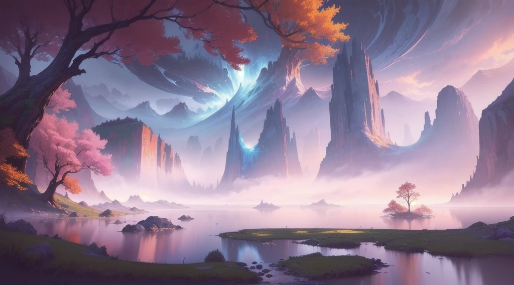 There is a landscape painting，The painting depicts a lake and trees, background technologywork, background technology, painted as a game Concept Art, stylized Concept Art, scenery game Concept Art, a very cohesive style of artwork, digital painting Concept Art, amazing! Concept Art, Fantastic numbers, 4k hd illustration wallpaper, Concept Art amazing atmosphere