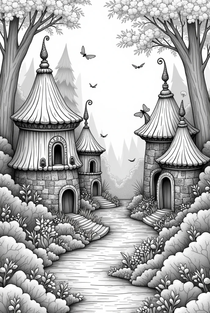 Fairy house land coloring book pages nature background no color black and white high details