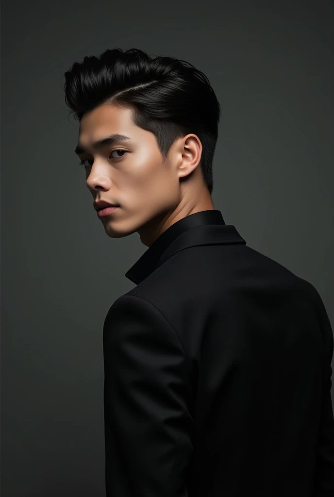 photography of a 20yo old boy, totally looking away from camera, just showing his hair towards camera, wearing black suit, sharp jawline.