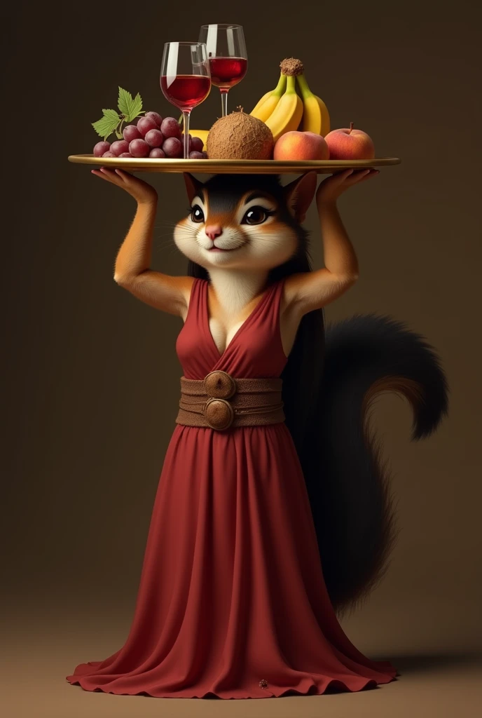 An anthropomorphic brown female chipmunk with black hair to the ground in a crimson floor-length tunic with a brown belt and no sleeves. She carries on her head a golden plate with glasses of red and white wine., with grapes, bananas, coconuts and peaches. The background is dark brown.
