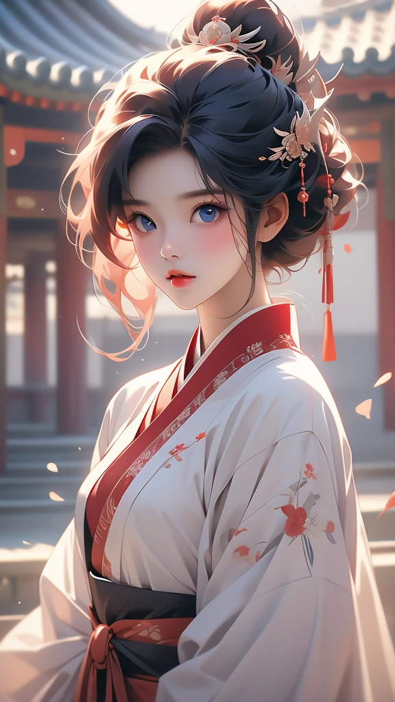 a young asian woman wearing kimono with a dark top with bright hair, blue eyes, 1girl, red hair, hair ornament, looking at viewer, hanbok