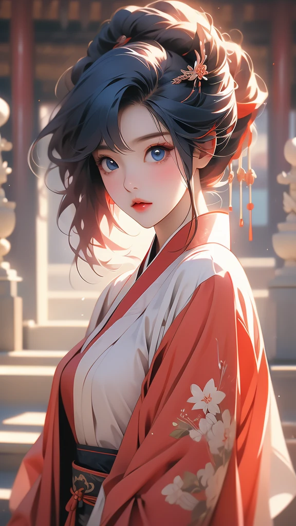 a young asian woman wearing kimono with a dark top with bright hair, blue eyes, 1girl, red hair, hair ornament, looking at viewer, hanbok