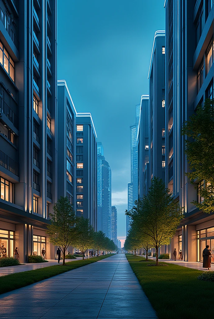 art deco design,urban buildings,streamline moderne,futuristic architecture, Abstraction,modern style,Luxury and Luxury,Future night view,Futuristic decorative elements,Metallic,number line,sci-fi lamp,Virtual Engine,Unreal rendering,blue lights, neon lights, apartments, restaurants, mid rise, mixed use, multiple buildings, trees, parks, greenery, grass, green field