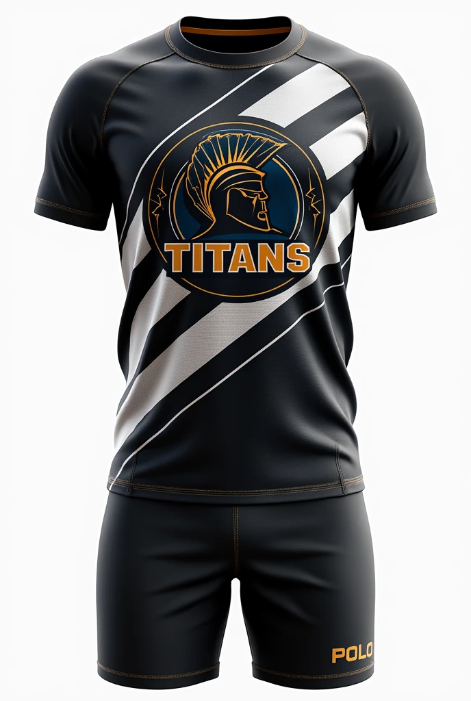 Jersey:black with white accents.A sleek, modern design featuring diagonal white and gold stripes across the chest. The team's name, "Polo Titans," is emblazoned across the upper chest in bold, gold letters 
Shorts:black Gold and white stripes at the top.
Logo:Shape: Circular emblem 
Central Element: A powerful, stylized titan's helmet, symbolizing strength and courage. The helmet is deep blue with gold highlights.
Background: The background is a gradient of blue and gold, creating a dynamic and energetic feel.
Text: The team name "Polo Titans" arcs around the top edge of the circle in bold, white letters. Below the helmet, the founding year or a motto could be included in smaller white text.
Additional Elements: Subtle lightning bolts or stars around the edge to convey energy and intensity.