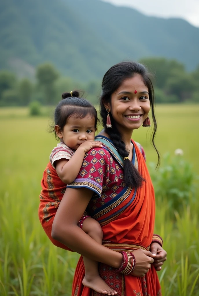 generate an image of resolution 1920px* 1080px portrait of a smiling young northeast india tribal woman carries her happy baby on her back standing in a grassland, HD, high quality